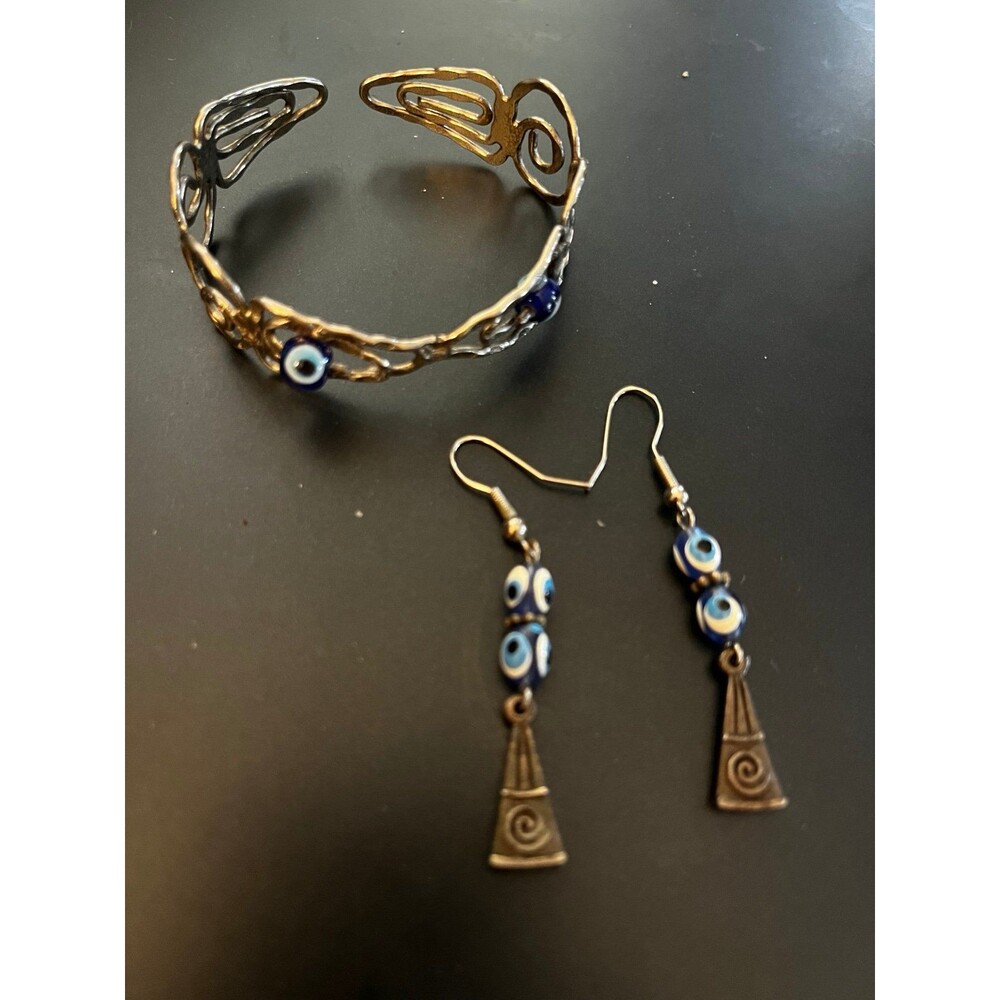 Evil Eye Set  Bracelet cuff and Dangle Earrings from Greece Good Luck Charm